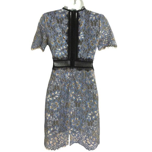 FEW MODA Floral Lace High Neck Short Dress M Demure Sweet Blue Silver Black - Picture 2 of 7